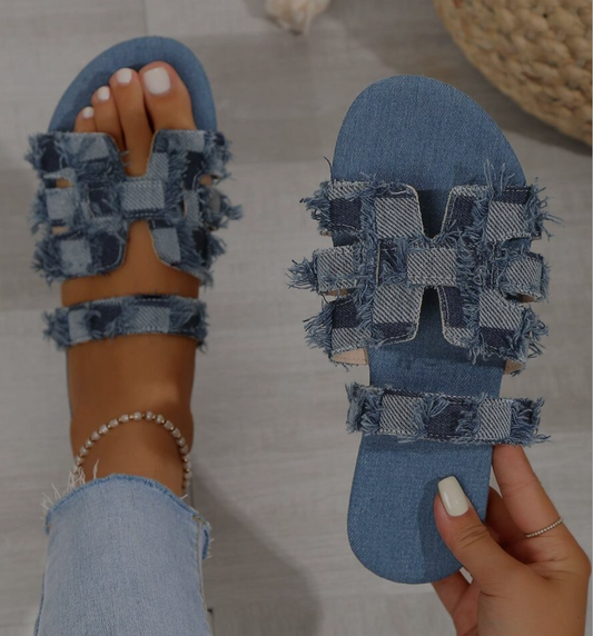 "Distressed" Blue Denim Slide